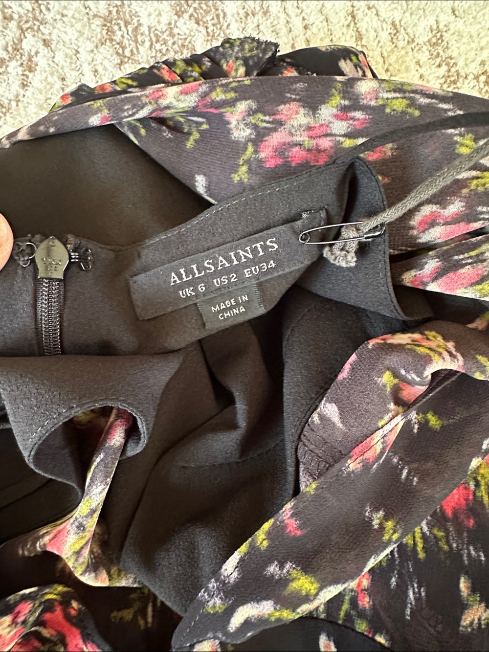 AllSaints NWT Draped Floral Mini Dress Black Silk Blend - Picture 13 of 16